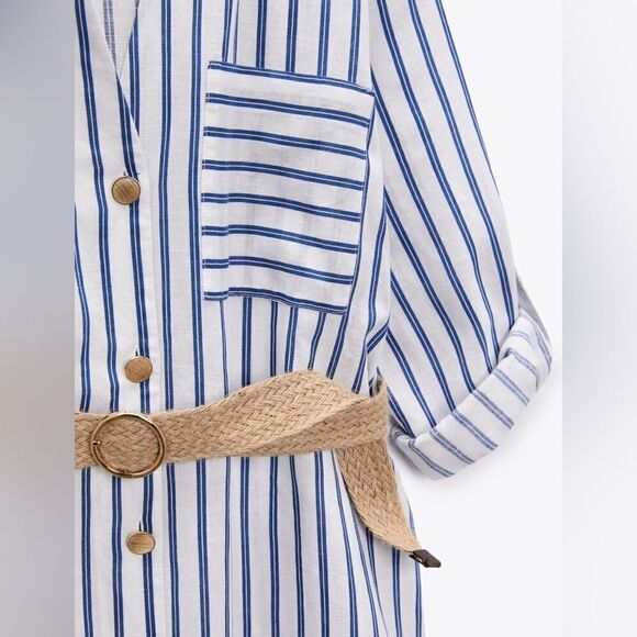 Zara Linen Blend Striped Belted Dress - Picture 2 of 9